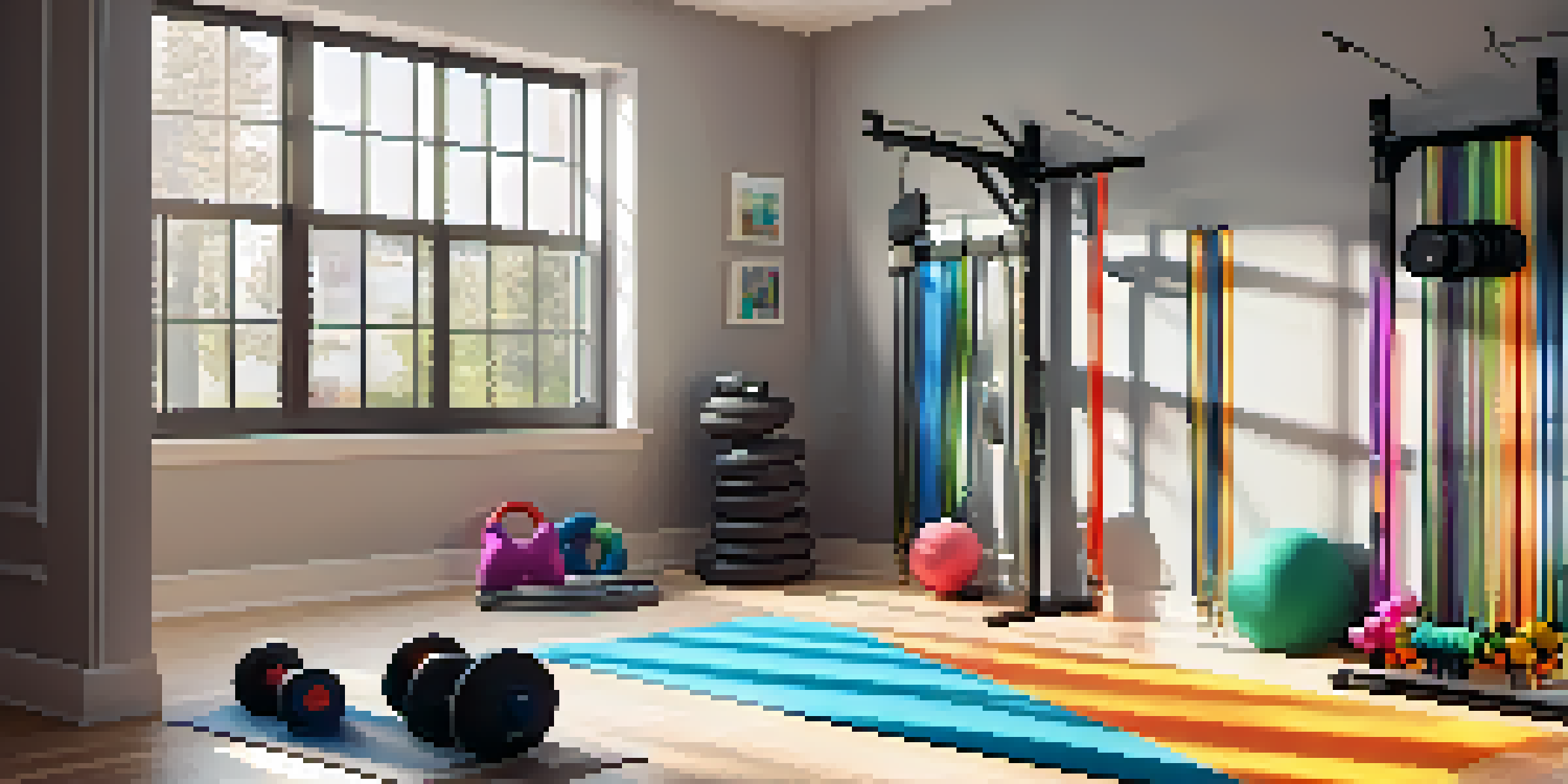 A home gym with colorful resistance bands on the wall, a yoga mat, and dumbbells in a sunlit room.
