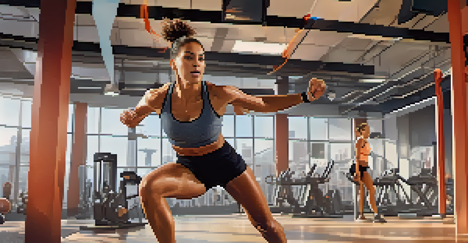 A person energetically performing a jump exercise in a modern gym, surrounded by equipment and motivational decor.