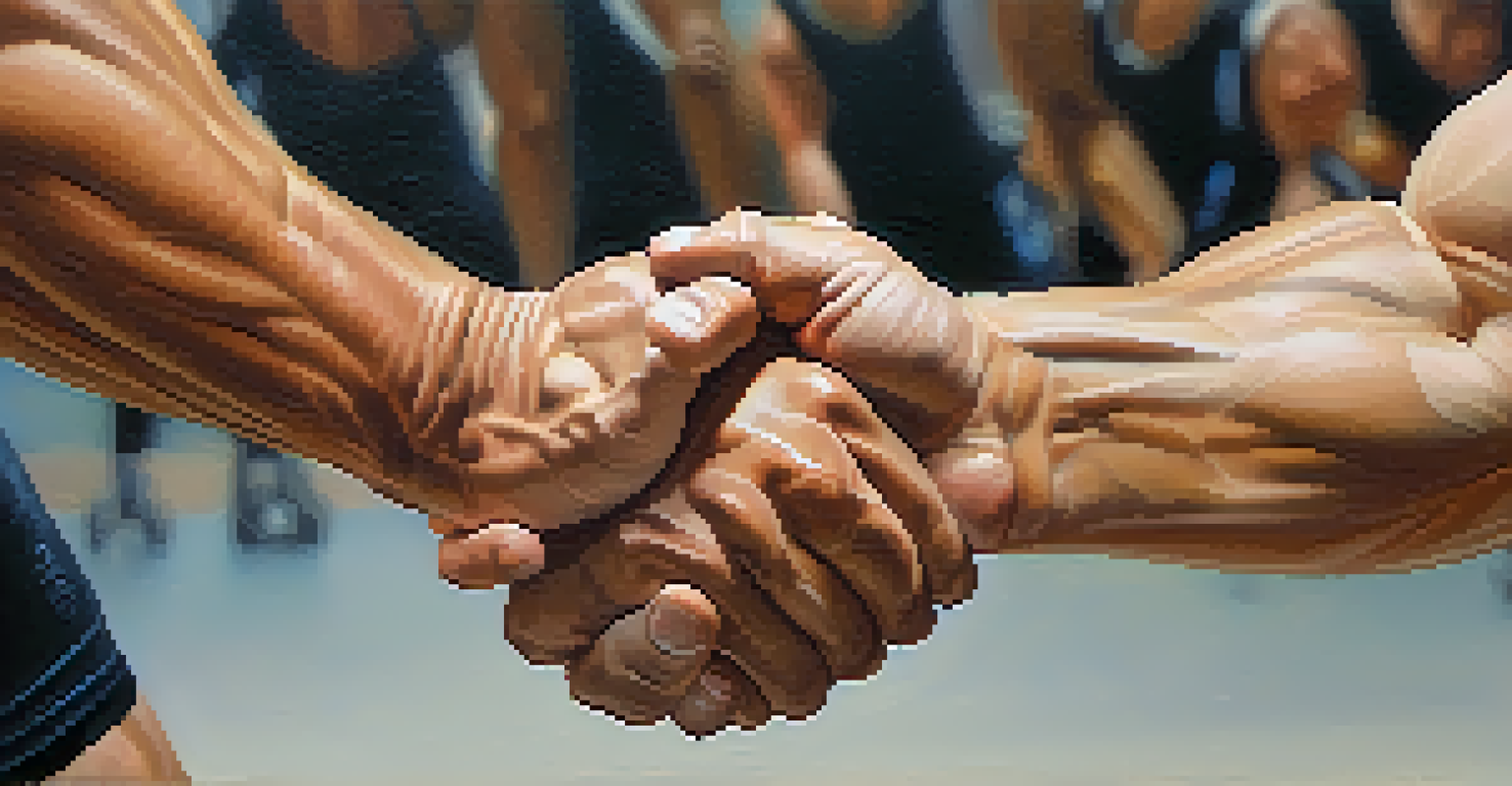 A close-up of two bodybuilders' hands clasped together, symbolizing support and camaraderie.
