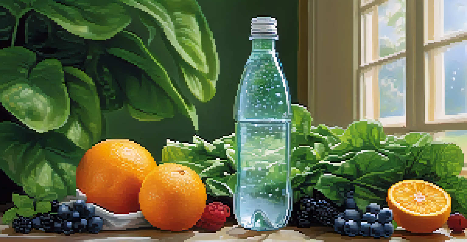 A close-up of a water bottle surrounded by green vegetables and fruits, with droplets of water on the bottle, in a bright kitchen setting.