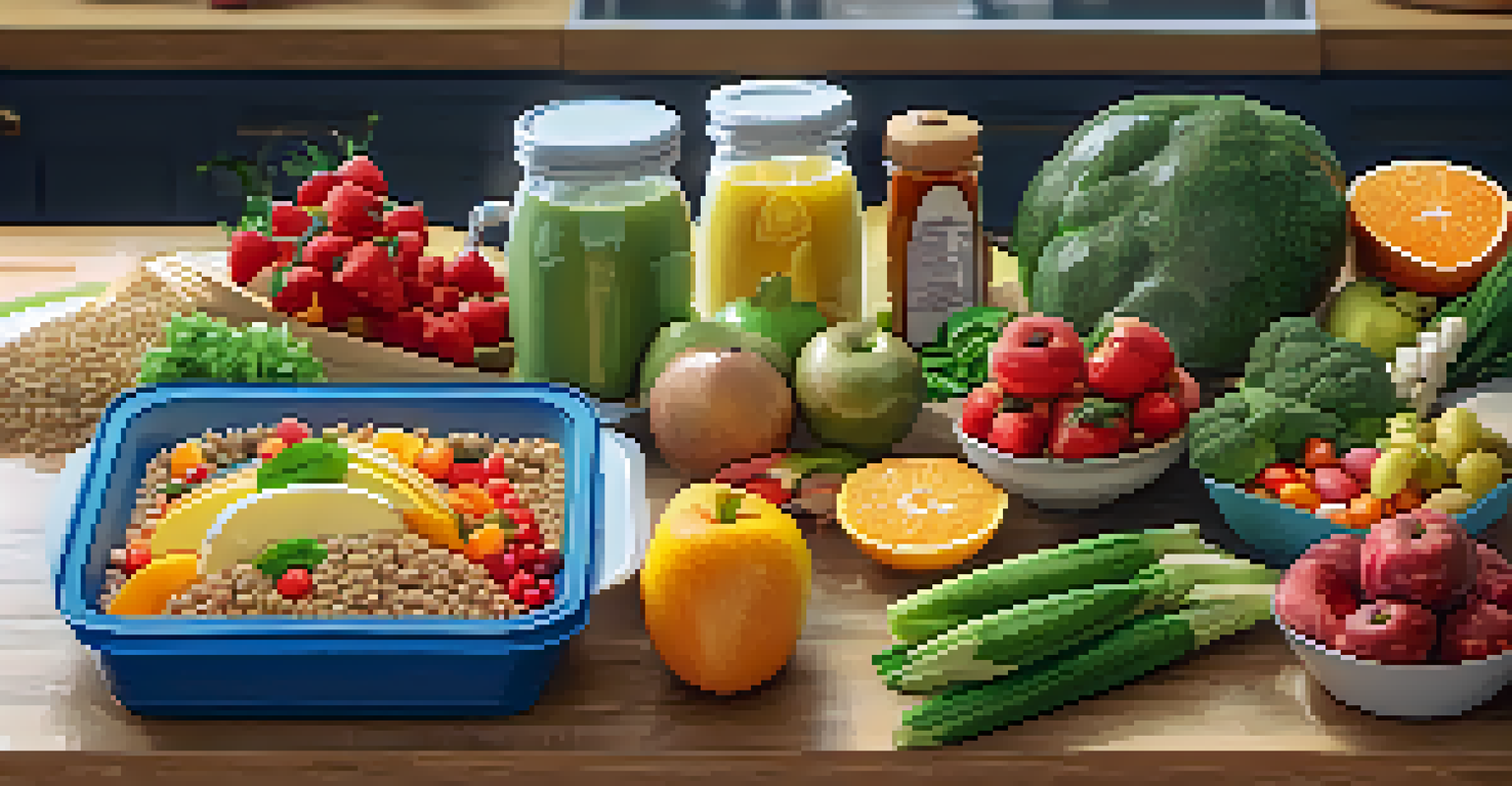 An overhead view of a healthy meal prep with fresh fruits and vegetables on a wooden countertop, showing vibrant colors and textures.