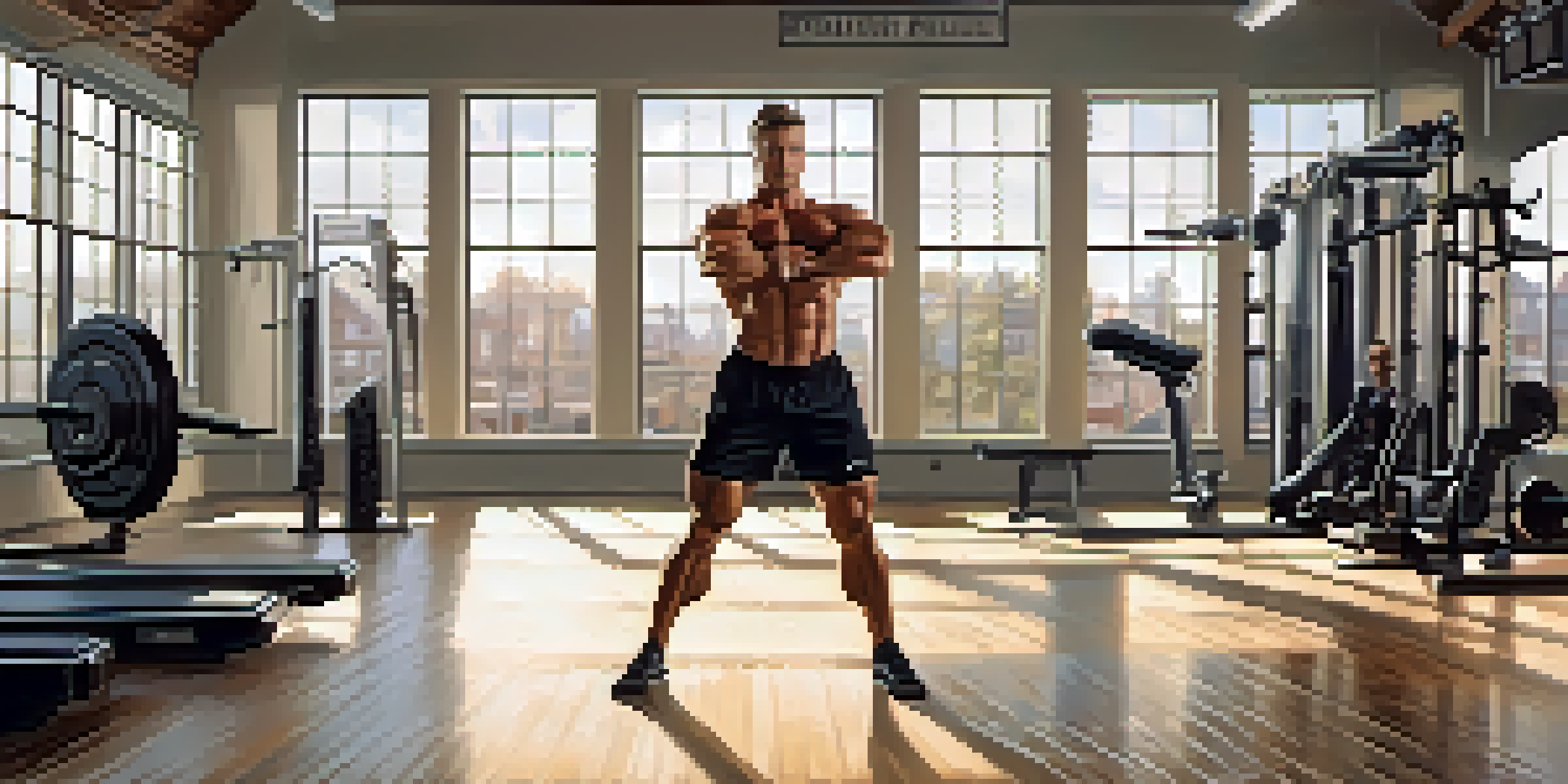 A bodybuilder in a gym performing dynamic stretches, with gym equipment in the background and natural light coming through windows.