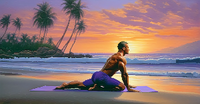 A bodybuilder practicing yoga on a beach at sunset, surrounded by palm trees and ocean waves.