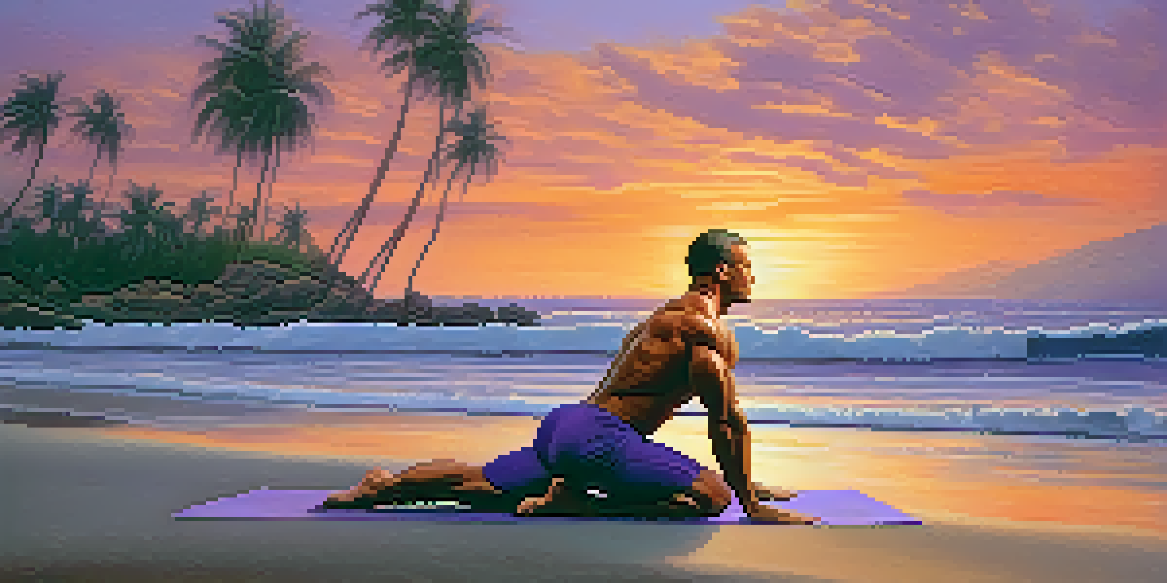 A bodybuilder practicing yoga on a beach at sunset, surrounded by palm trees and ocean waves.