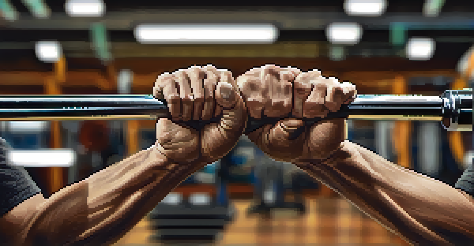 A close-up of hands gripping a barbell, highlighting the textured surface and the technique, with a blurred gym background.