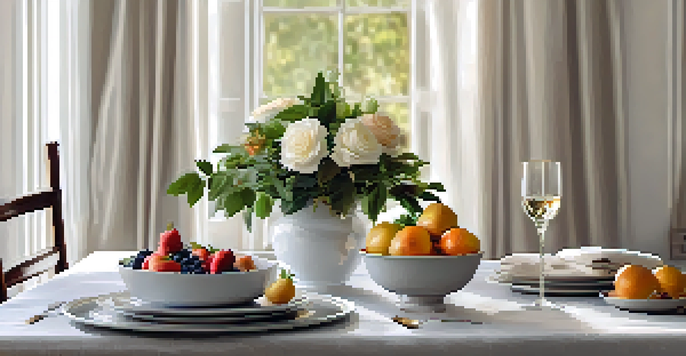 A tranquil dining setup with a white tablecloth, candles, and a bowl of fresh fruits, creating a peaceful environment for mindful eating.