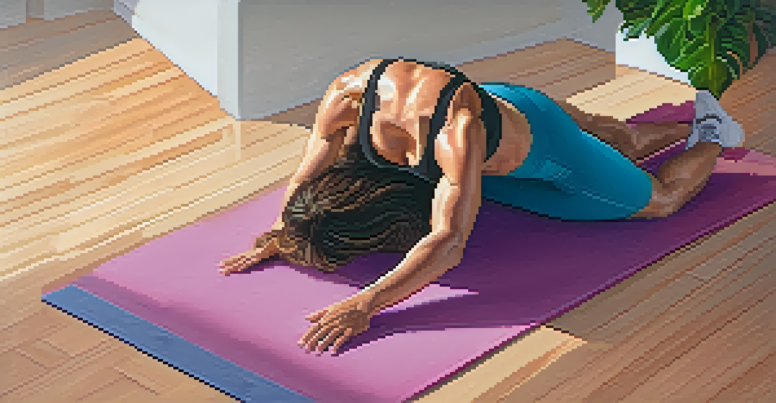 A woman performing glute bridges on a colorful yoga mat in a softly lit room.