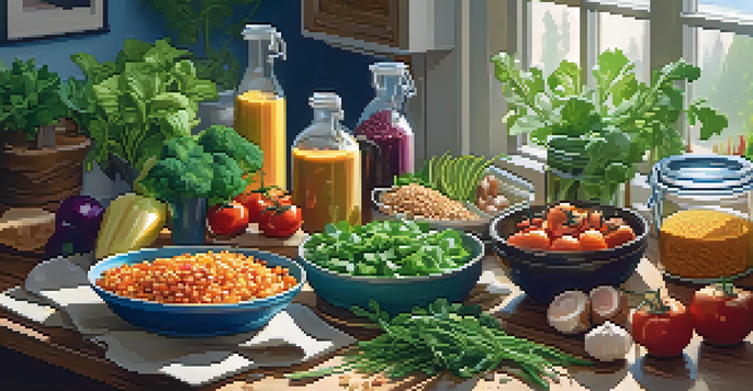 An aesthetically pleasing meal prep setup with seasonal vegetables, grains, and plant-based proteins on a wooden table, illuminated by soft natural light.