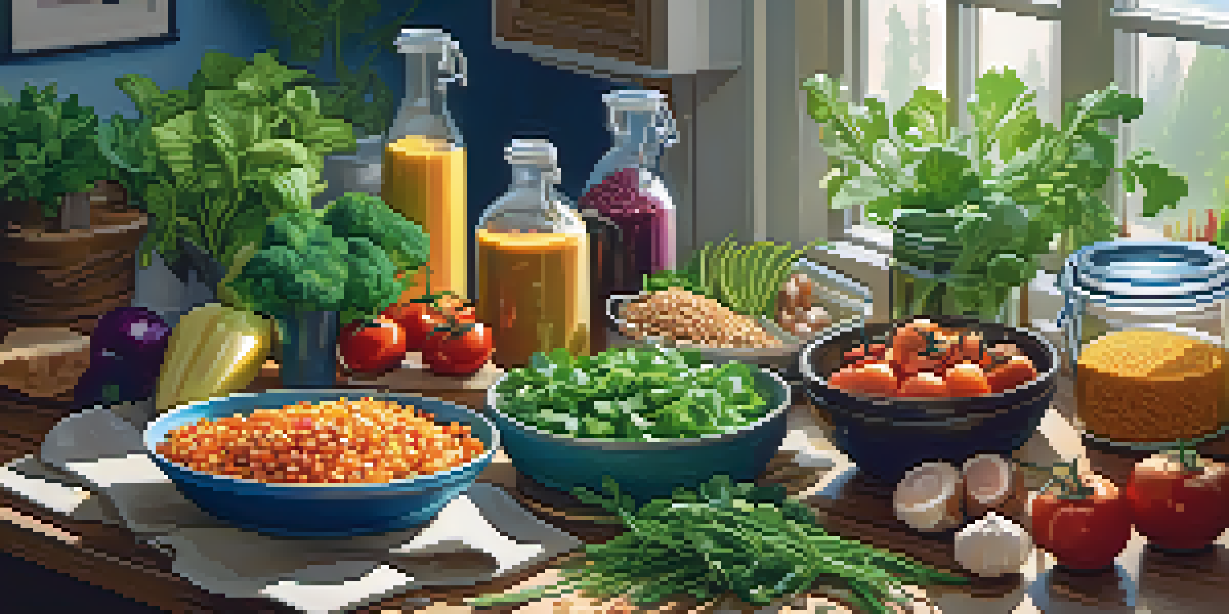 An aesthetically pleasing meal prep setup with seasonal vegetables, grains, and plant-based proteins on a wooden table, illuminated by soft natural light.