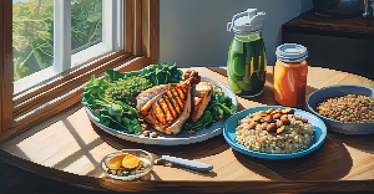 A balanced meal prep with grilled chicken, greens, and quinoa arranged on a wooden table.