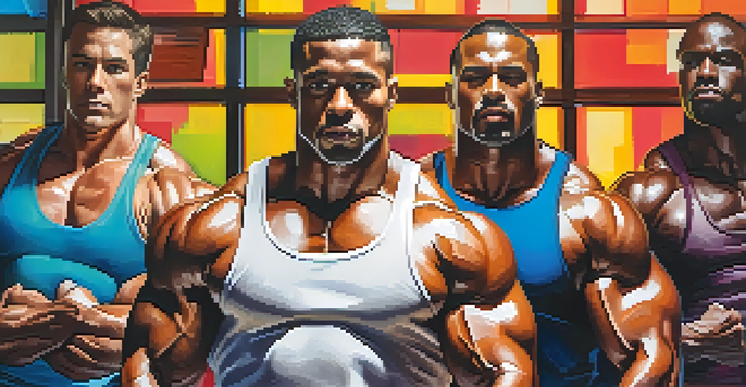 A diverse group of bodybuilders working out in a gym, showing determination and intensity.