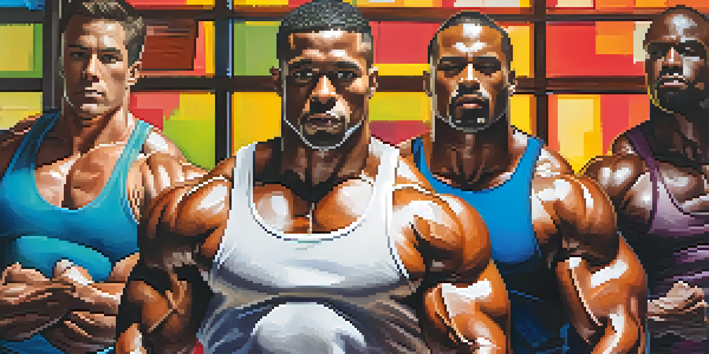 A diverse group of bodybuilders working out in a gym, showing determination and intensity.