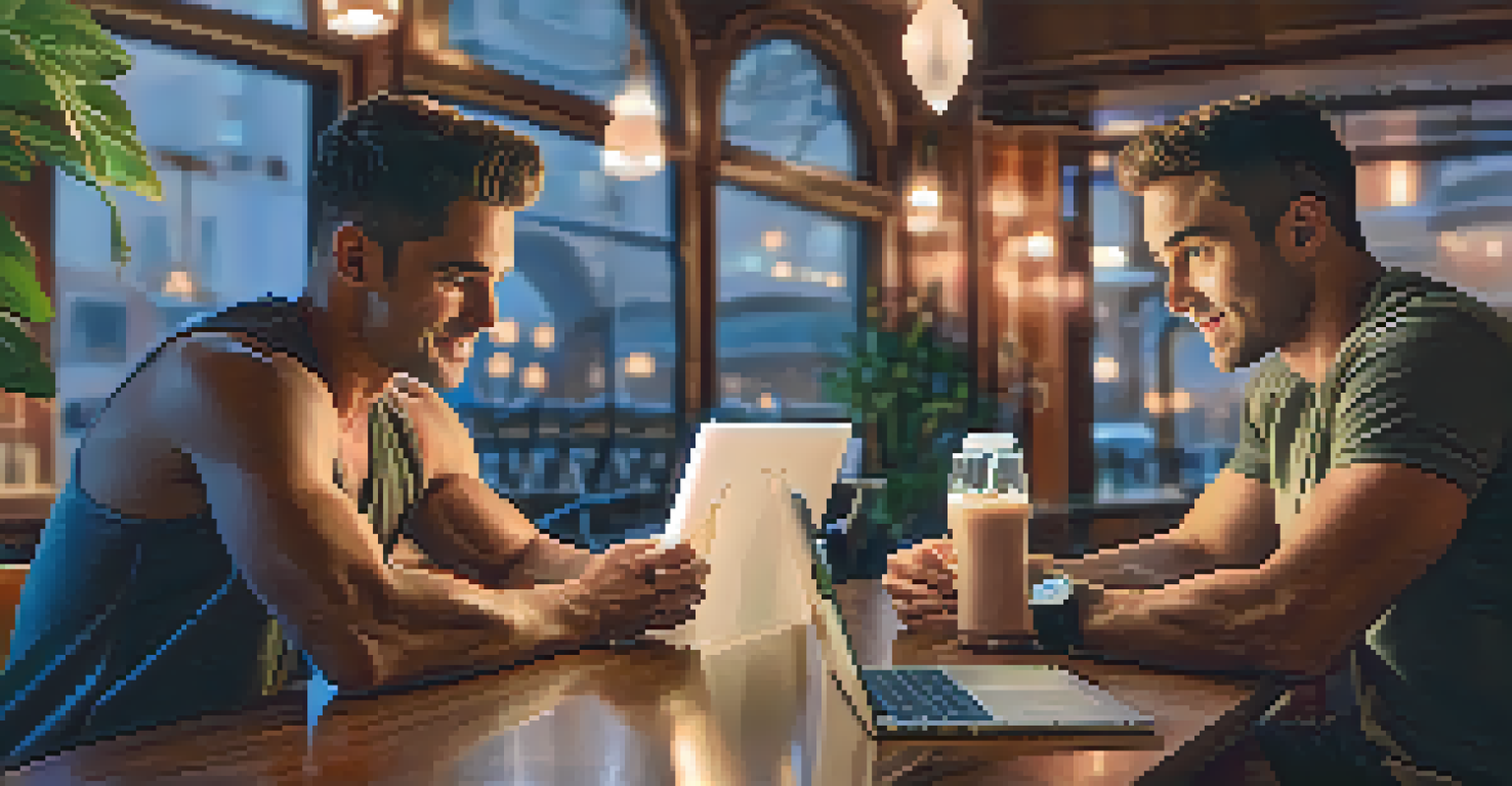 Two friends in a café discussing fitness goals on a laptop, surrounded by healthy snacks and a warm ambiance.