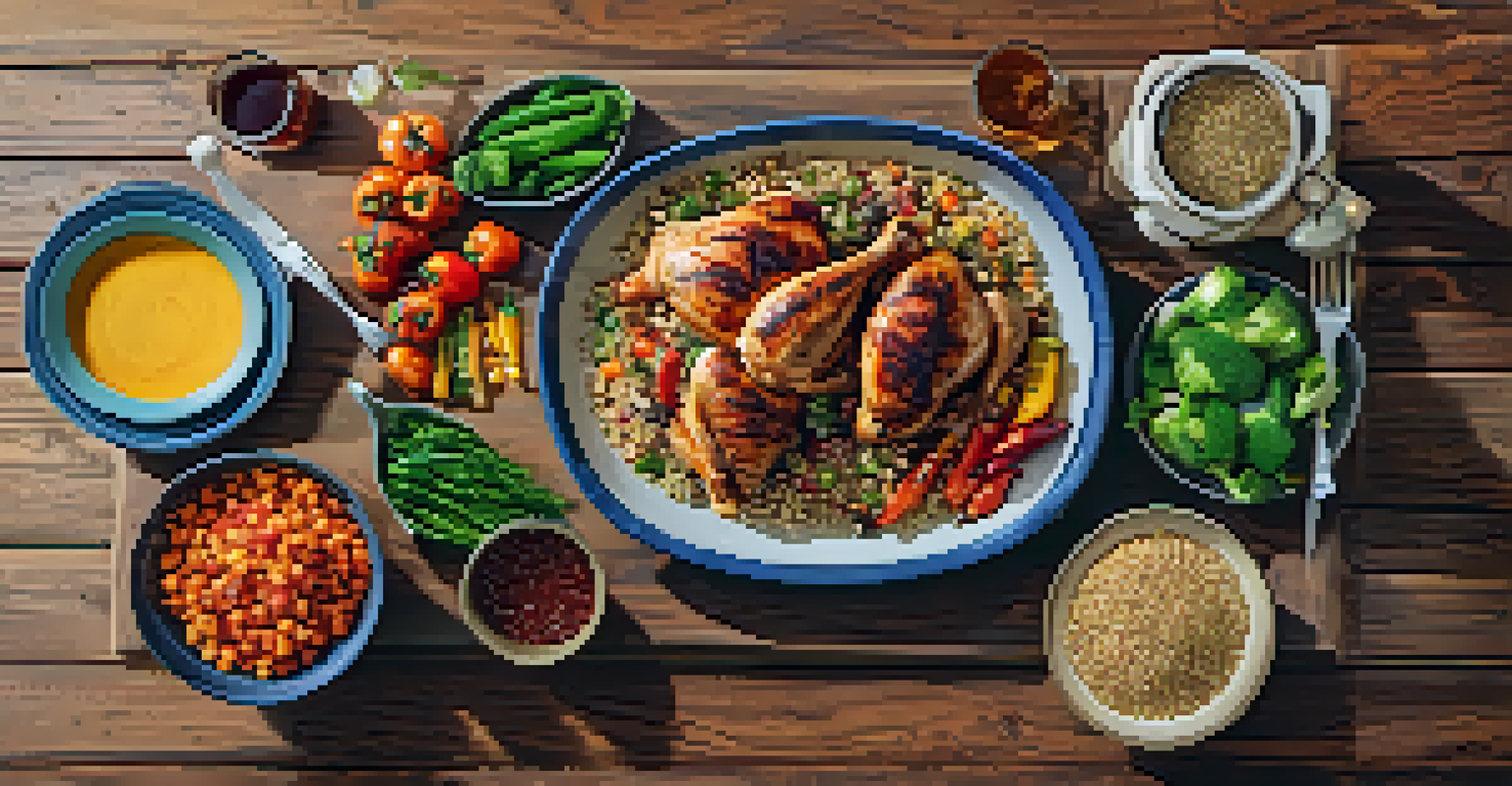 A nutritious meal with grilled chicken, quinoa, and vegetables, viewed from above, showcasing vibrant colors and textures under natural light.