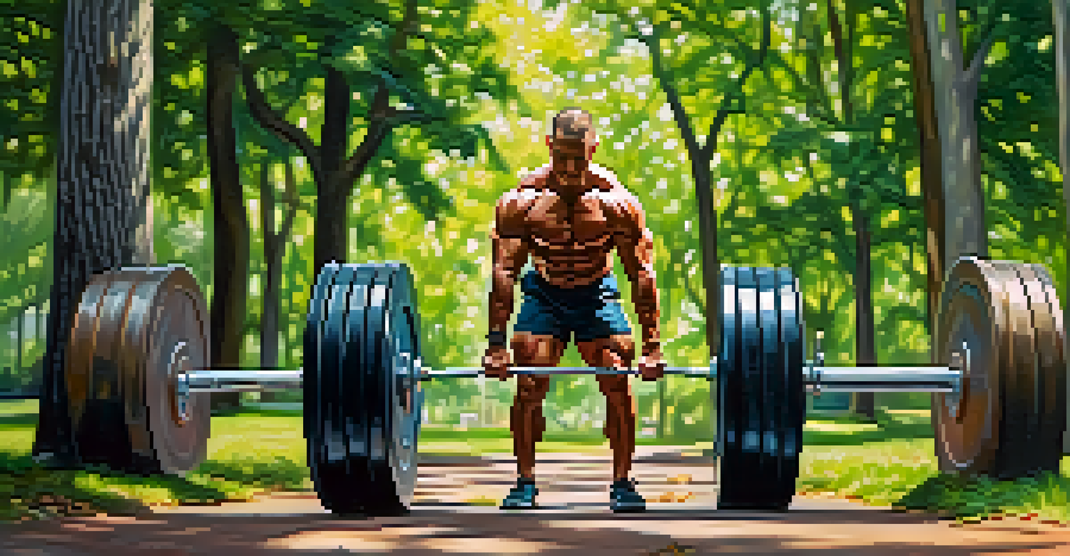 A vegan bodybuilder lifting weights outdoors in a park, surrounded by greenery, showcasing strength and determination.