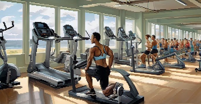 A diverse group of individuals working out in a bright gym, showcasing various bodybuilding exercises with a motivational ambiance.