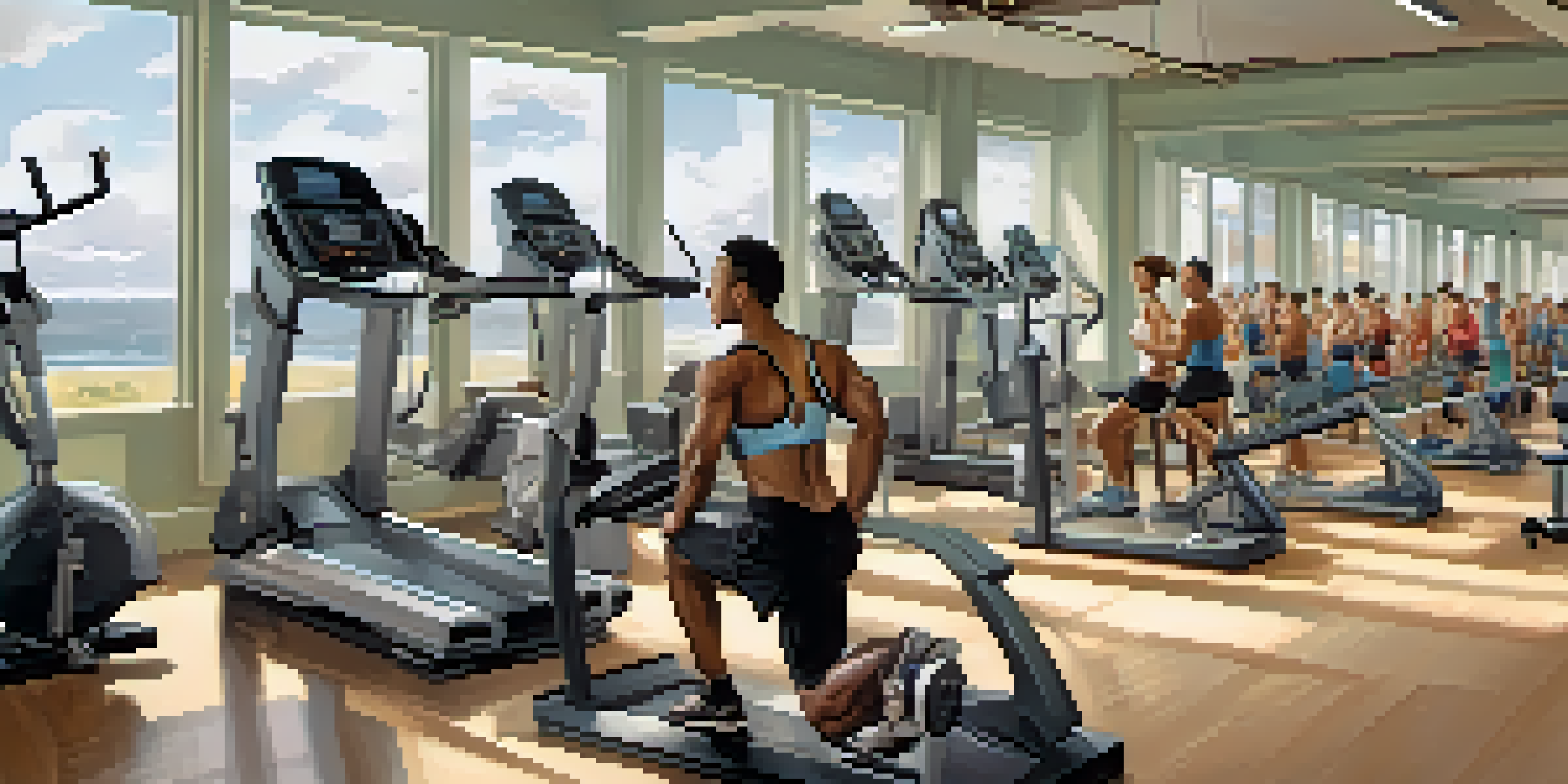 A diverse group of individuals working out in a bright gym, showcasing various bodybuilding exercises with a motivational ambiance.