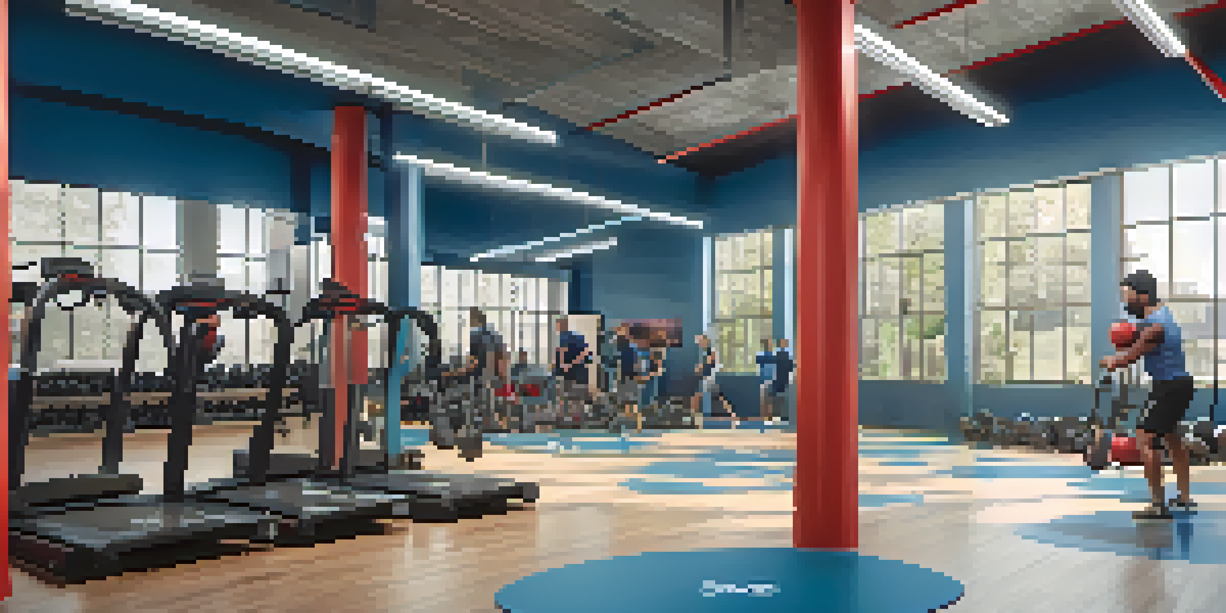 A bright gym with various exercise equipment and a person doing kettlebell swings.