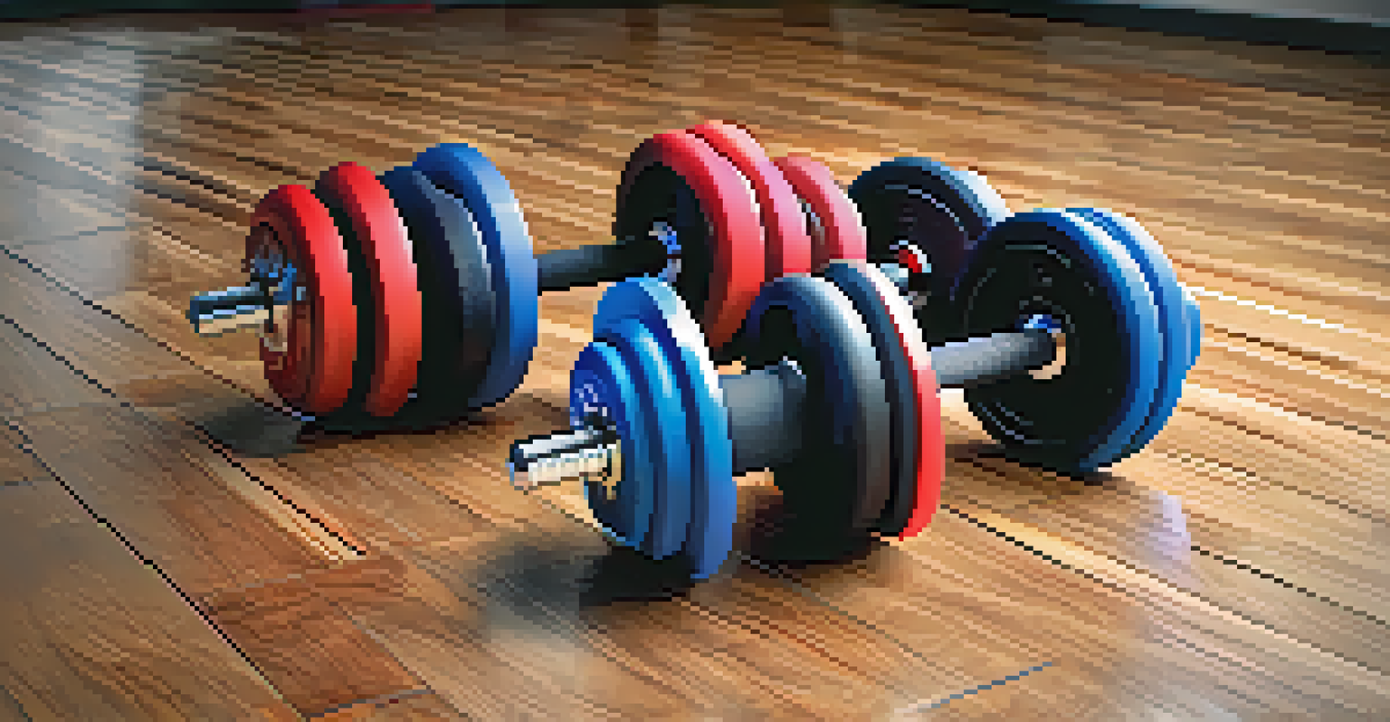 A variety of custom 3D printed dumbbells with ergonomic grips, arranged on a gym floor.