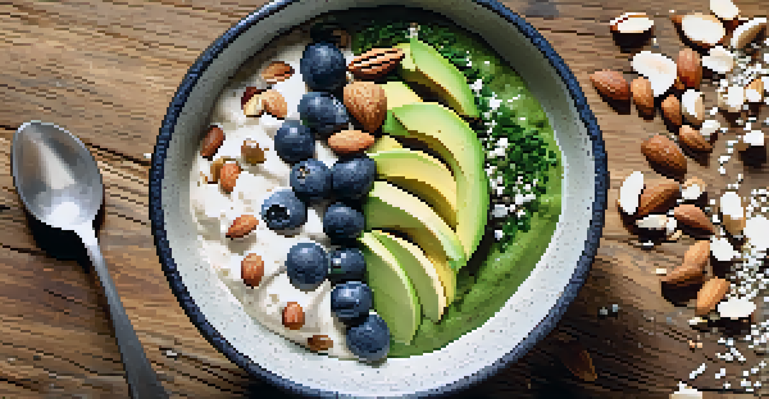 A smoothie bowl topped with yogurt, spinach, almond butter, and chia seeds on a wooden table with fresh ingredients around.