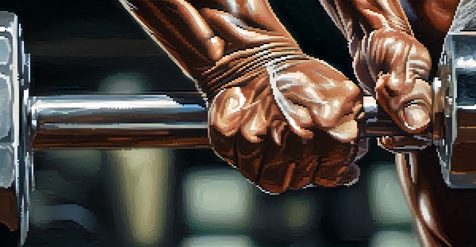 A close-up of a bodybuilder's hands gripping a barbell, showcasing detailed textures of skin and sweat, with blurred gym equipment in the background.