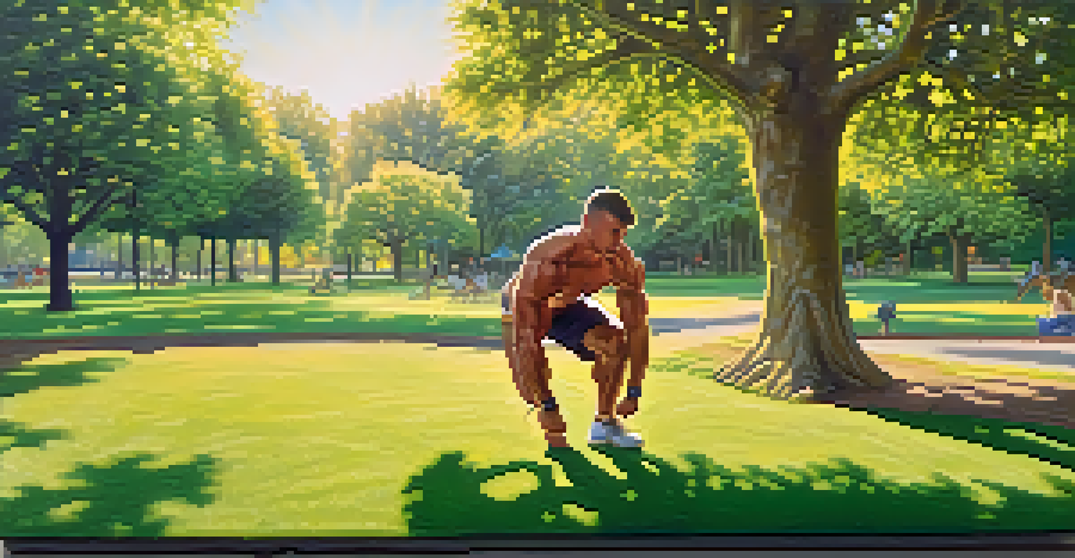 A bodybuilder performing mobility drills in a sunny park surrounded by greenery.