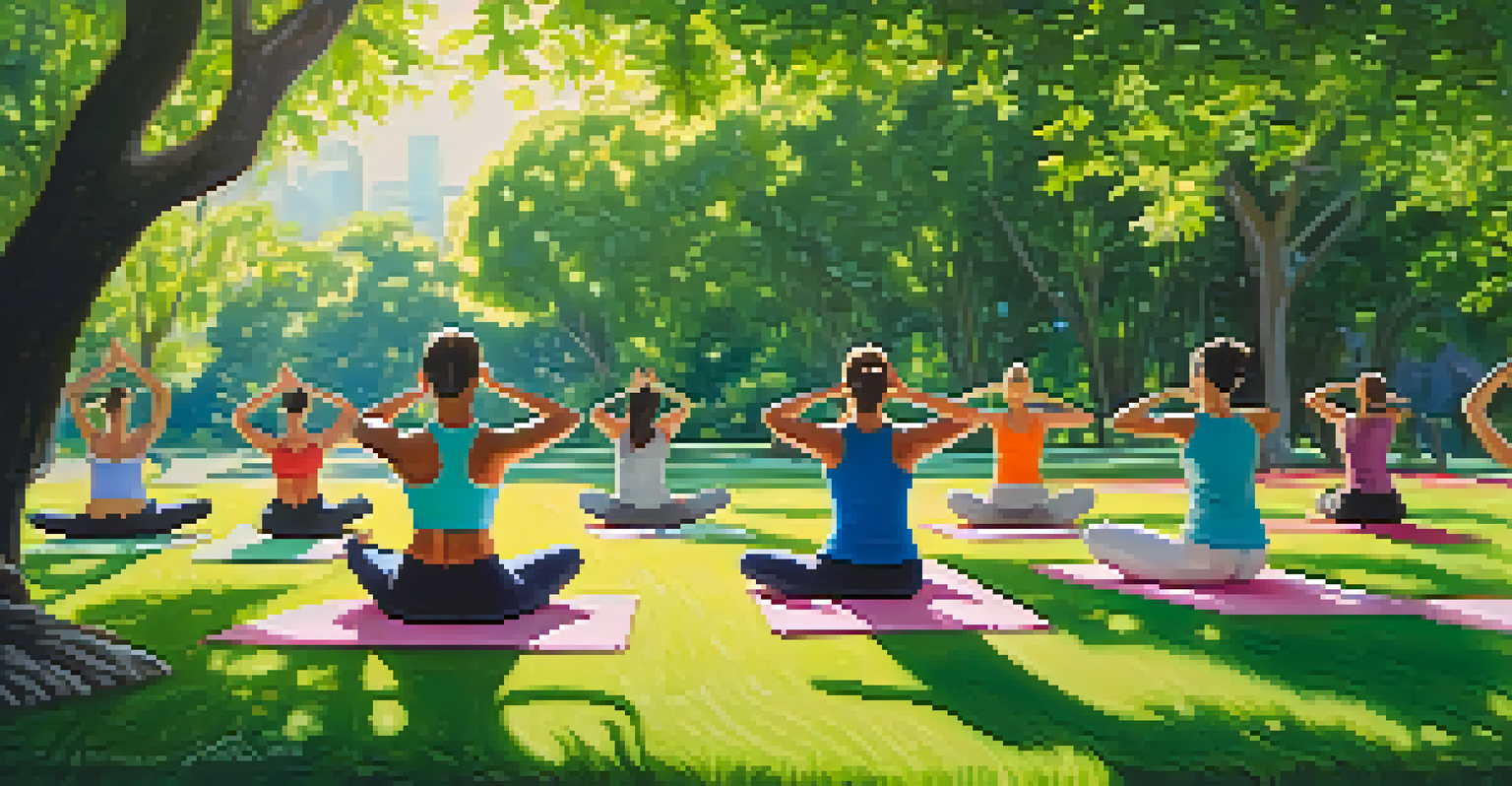 An outdoor yoga and dance fusion class in a green park, with participants practicing fluid movements under the sunlight filtering through trees.