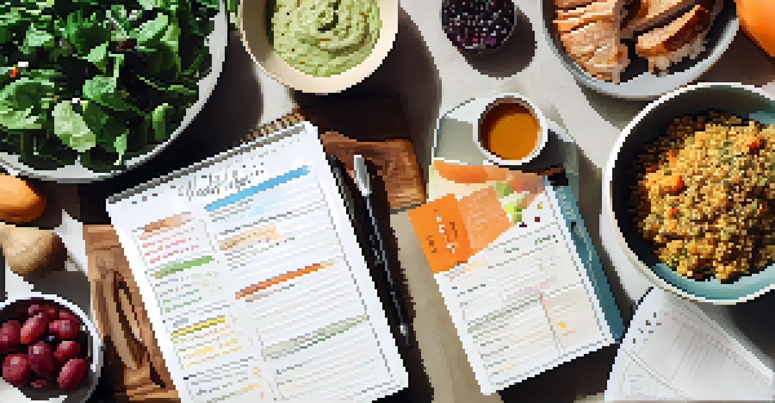 An overhead view of a weekly meal planner surrounded by fresh ingredients like chicken, quinoa, and greens on a table.