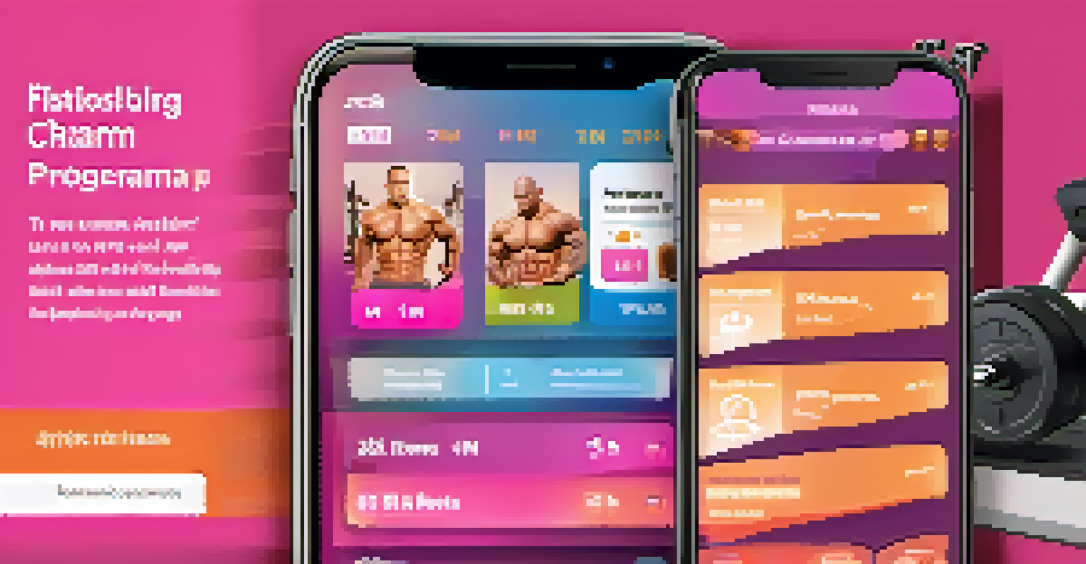 A digital fitness app interface showcasing a personalized bodybuilding plan with progress charts and nutrition advice, set against a gym backdrop.