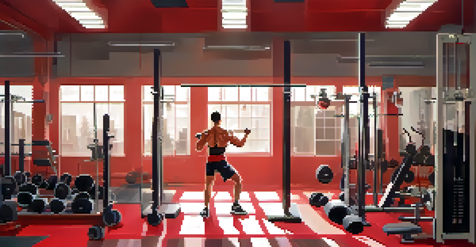 A person lifting weights in a bright gym, surrounded by workout machines and motivational posters, showcasing determination and focus.
