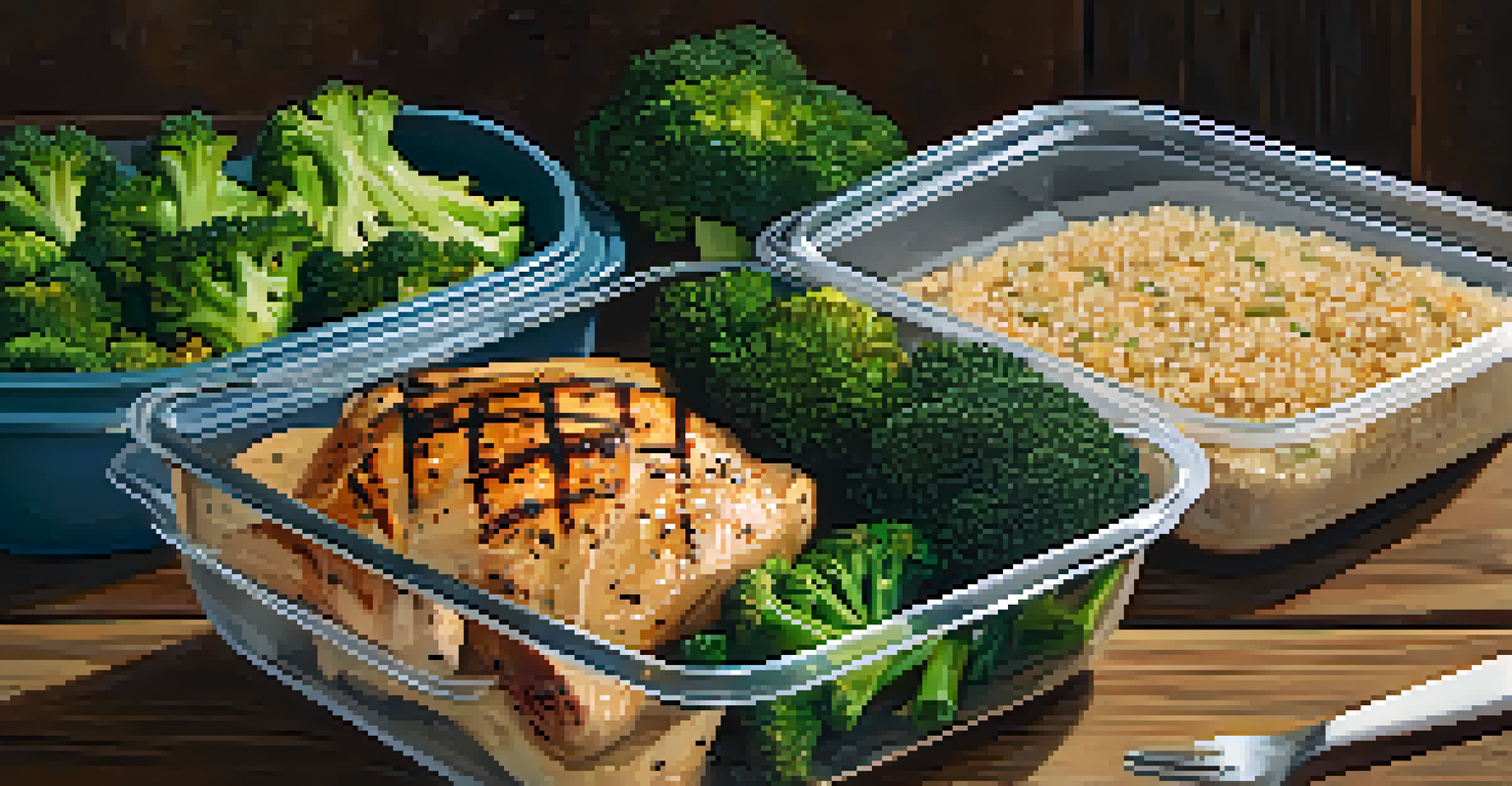 A close-up of a meal prep container with grilled chicken, quinoa, and broccoli, highlighting the vibrant colors and textures.