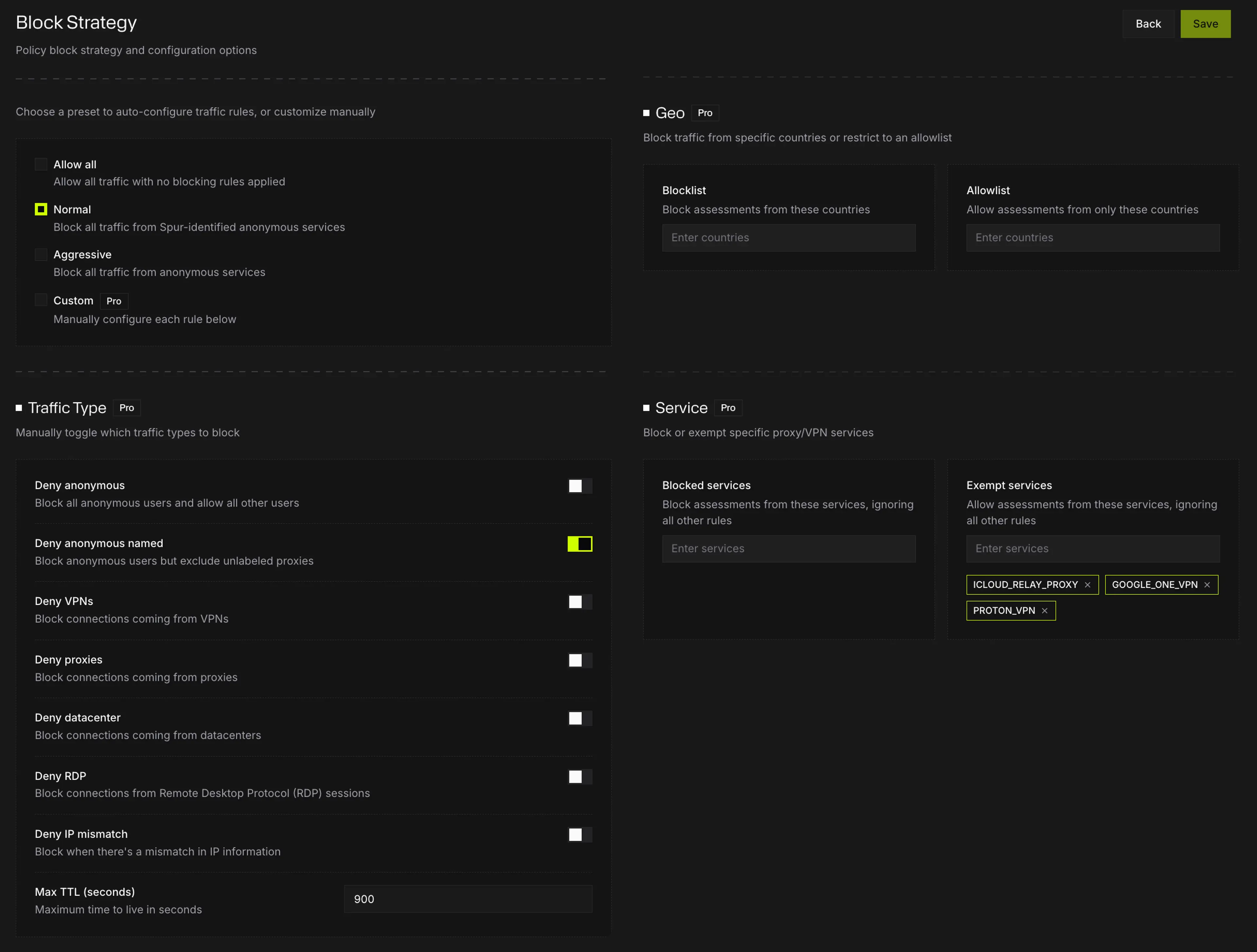 Spur Policy Block Strategy Configuration Settings