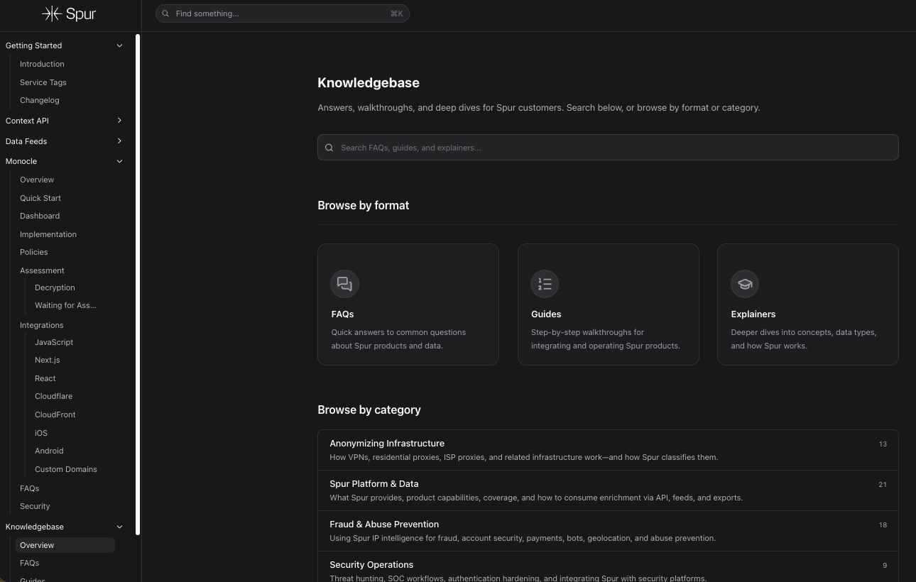 Spur Knowledgebase showing search, FAQ, guide, and explainer options, plus categories for anonymizing infrastructure, Spur platform and data, fraud prevention, and security operations.