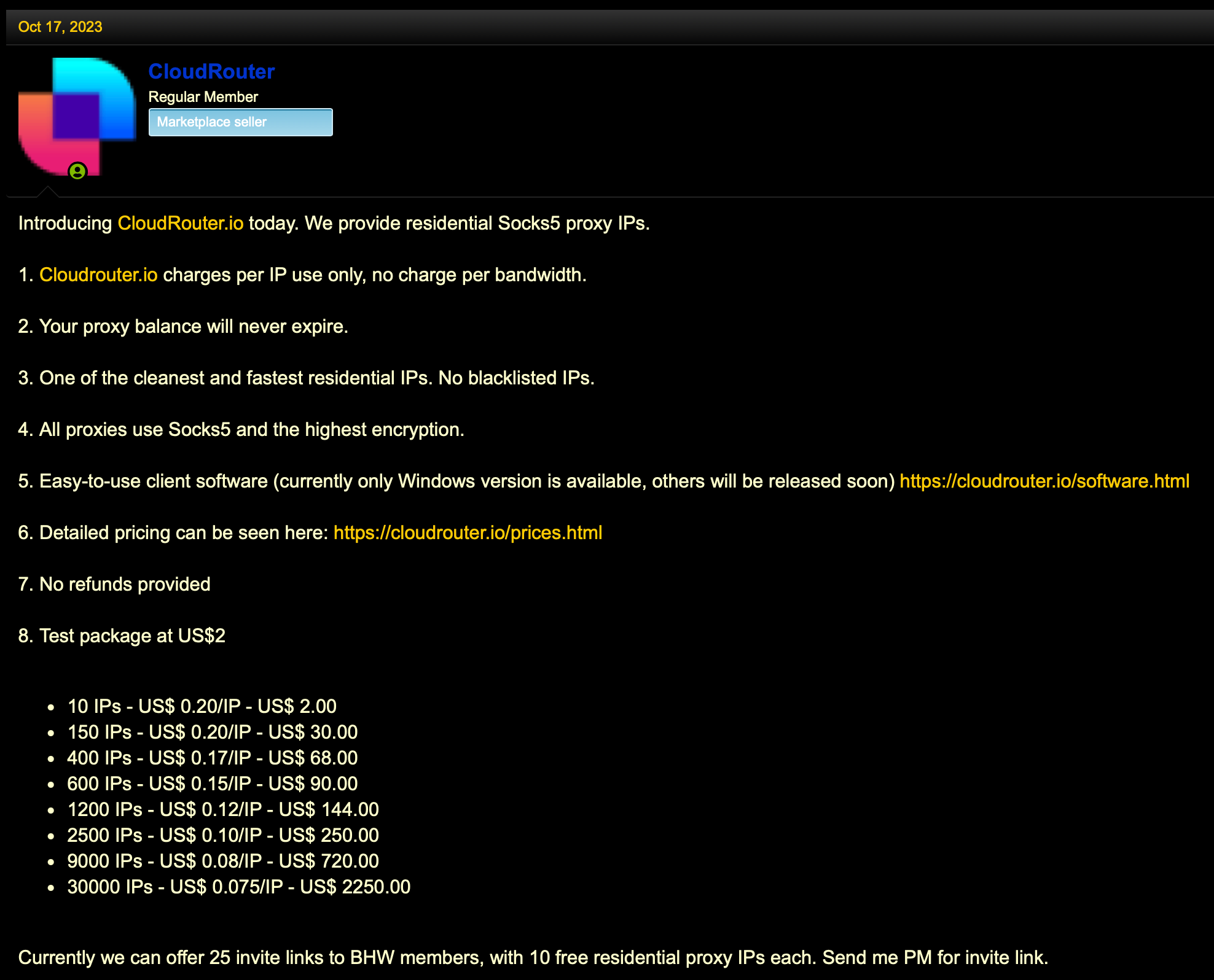 CloudRouter advertisement on BlackHatWorld