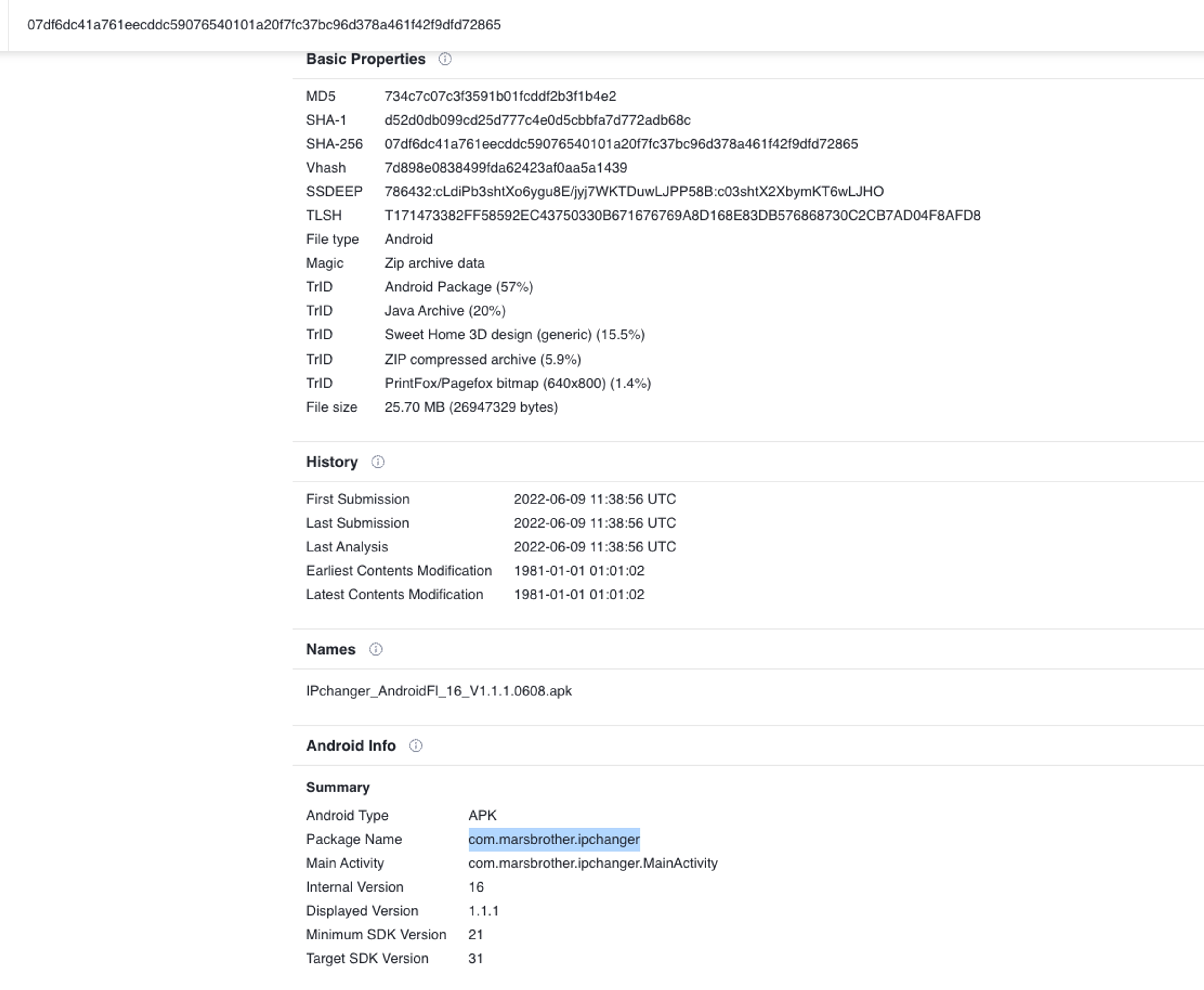 IPChanger's APK information in VirusTotal