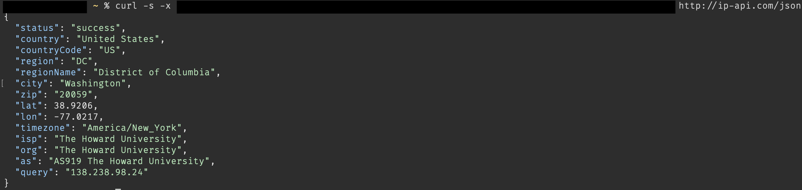 curl through NetNut proxy: exit IP 138.238.98.24, ISP/org AS919 The Howard University 