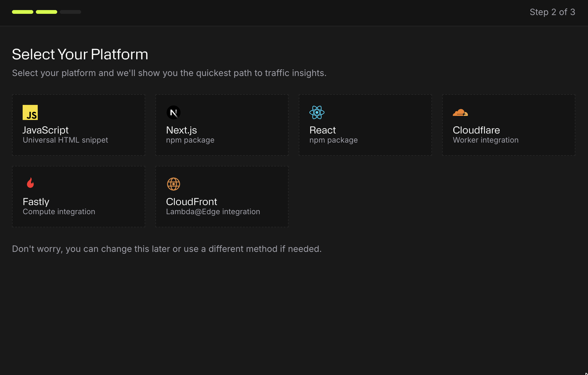 Monocle setup screen prompting the user to select an integration platform, including JavaScript, Next.js, React, Cloudflare, Fastly, and CloudFront.