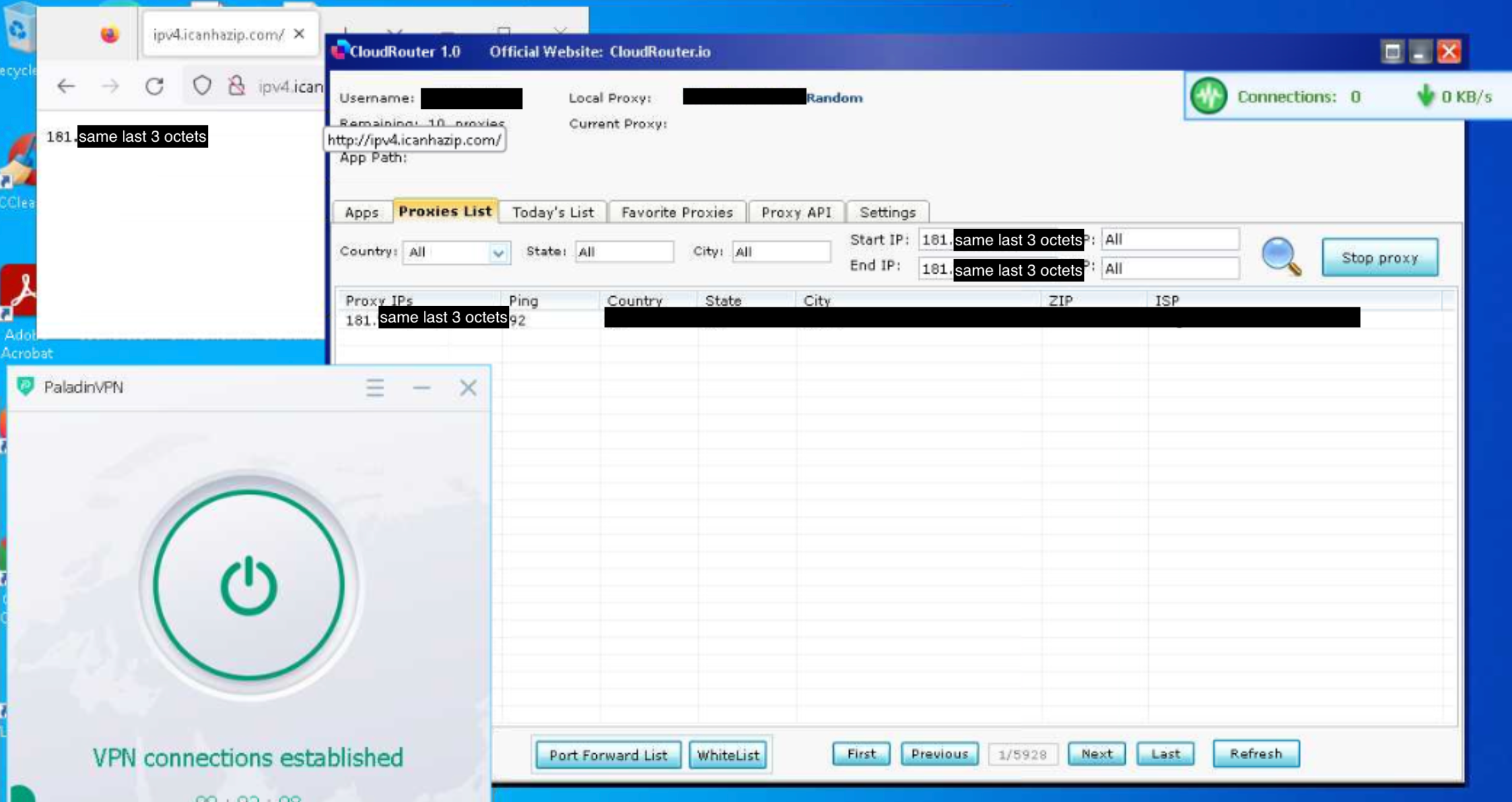 IP search results in CloudRouter with PaladinVPN running in the background