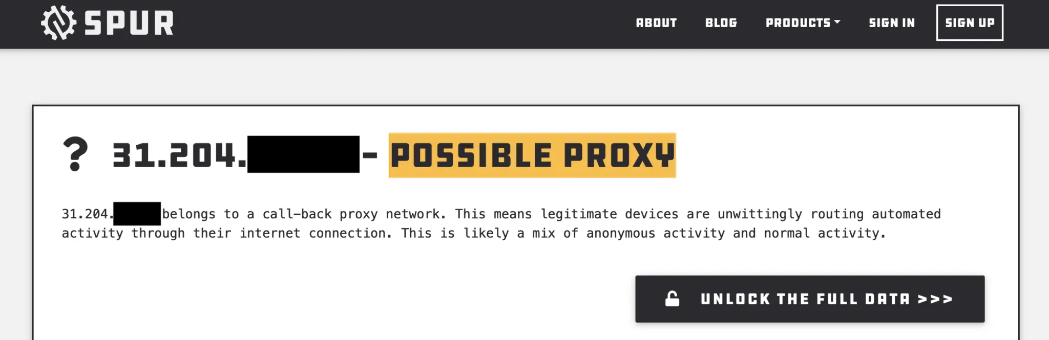 Spur's ipctx.me results from a residential (aka callback) proxy