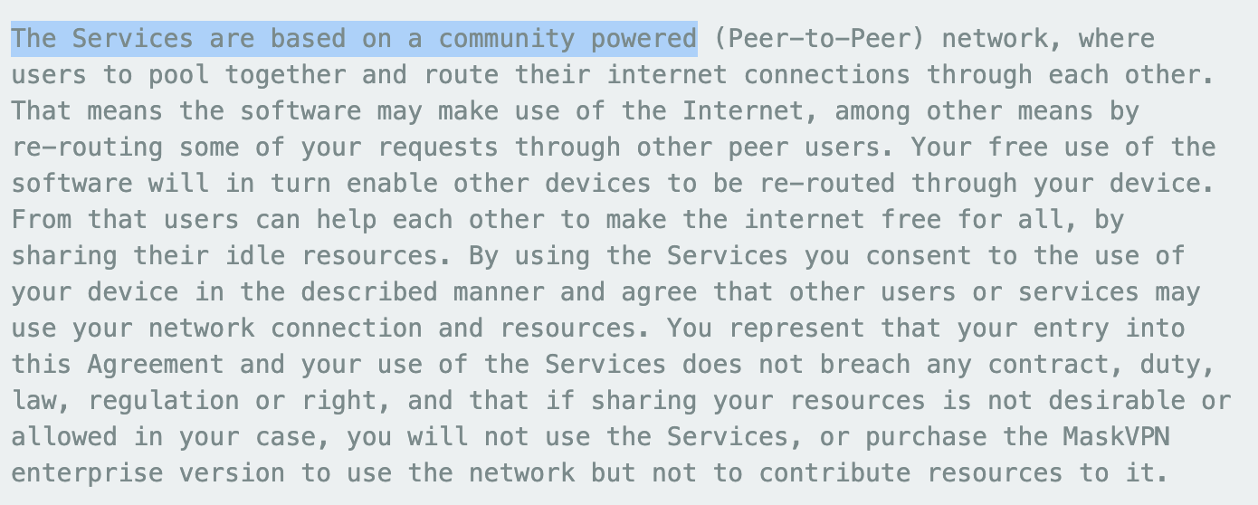 The EULA from MaskVPN