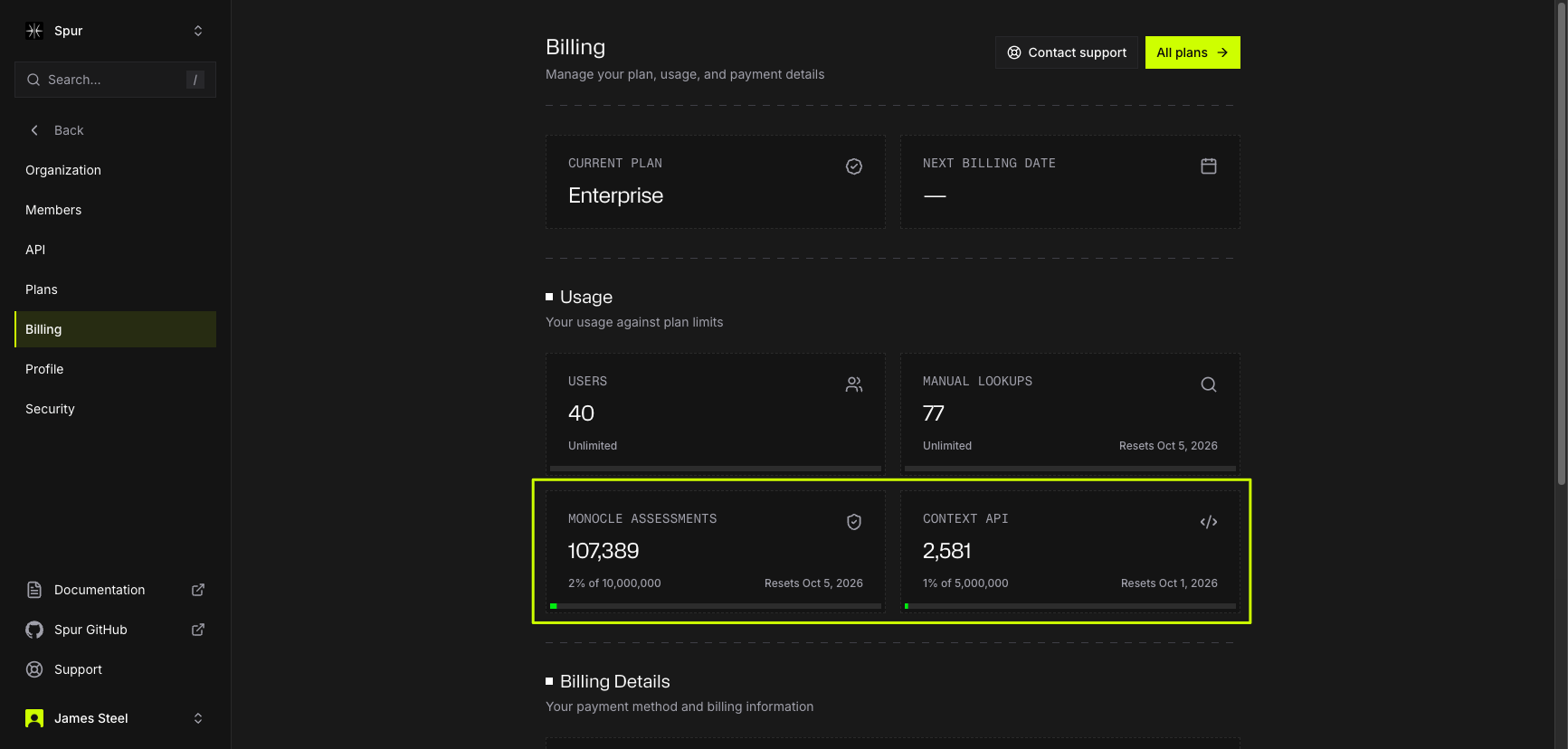 Spur billing page for an Enterprise plan showing usage for users, manual lookups, Monocle assessments, and Context API queries.