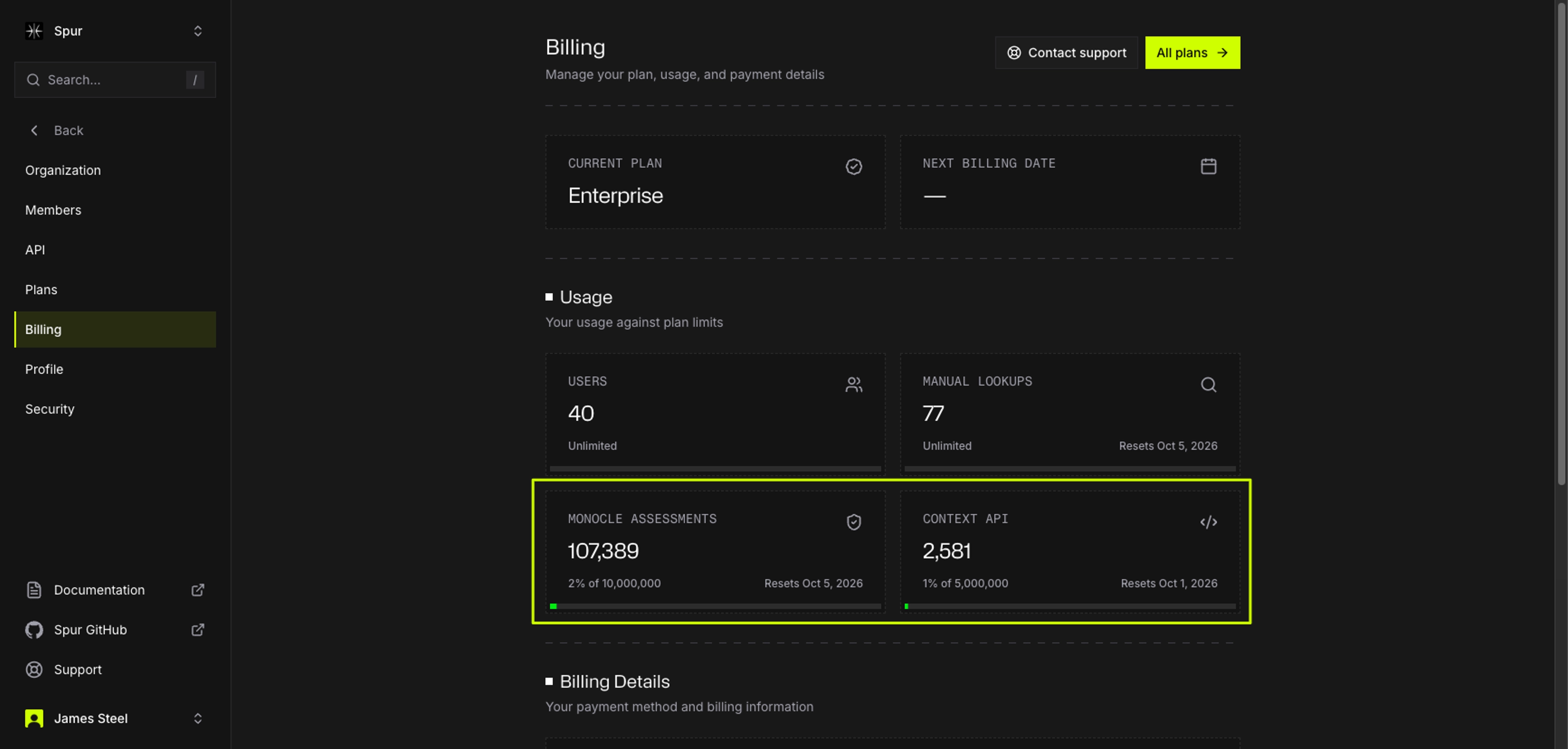 Spur billing page for an Enterprise plan showing usage for users, manual lookups, Monocle assessments, and Context API queries.