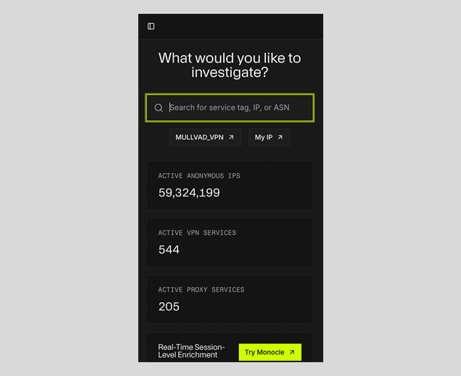 Spur Community search mobile interface showing IP and service lookup options, with counts for active anonymous IPs, VPN services, and proxy services.