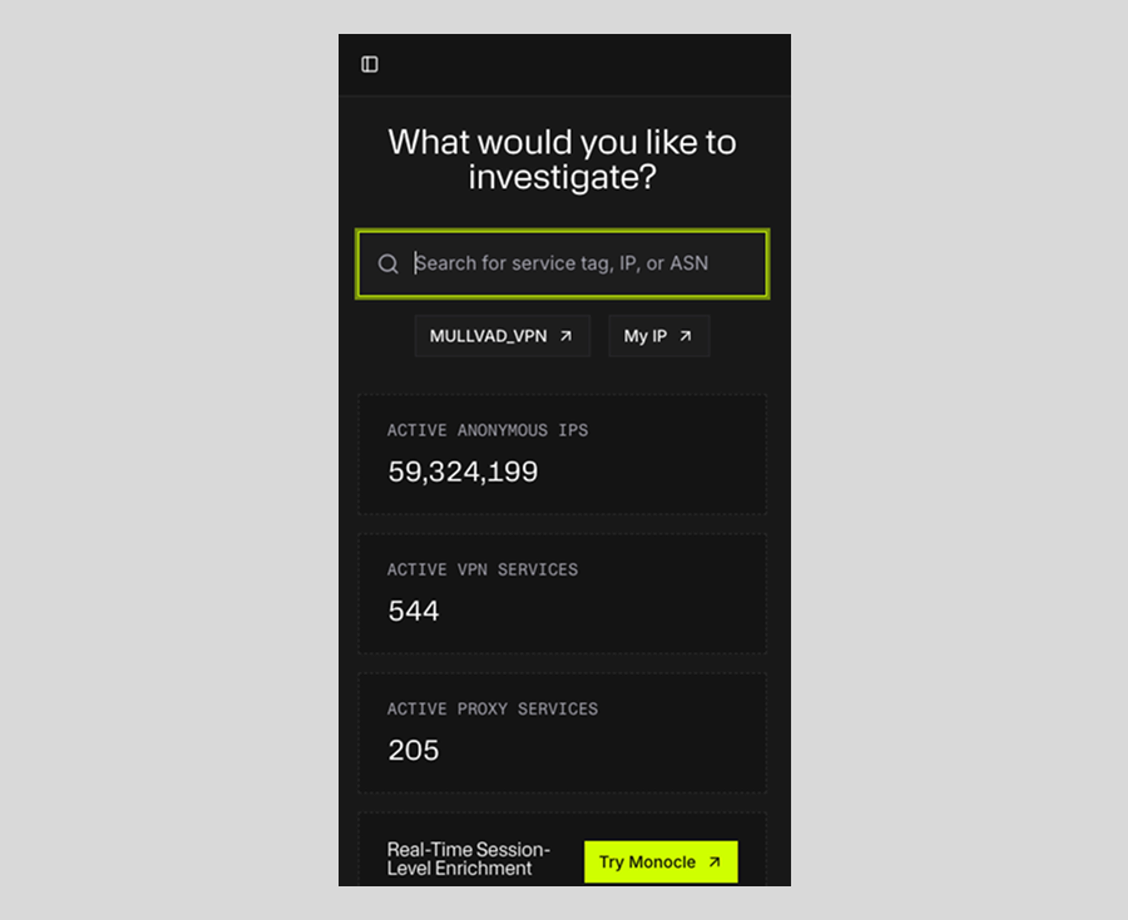 Spur Community search mobile interface showing IP and service lookup options, with counts for active anonymous IPs, VPN services, and proxy services.