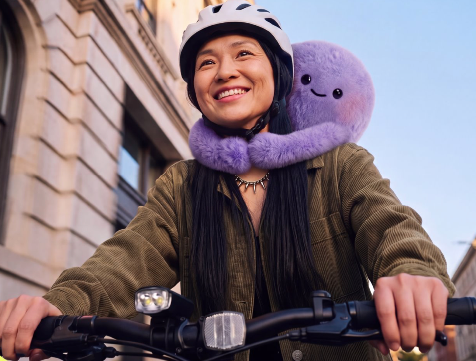 Femme avec casque de vélo et mascotte en peluche