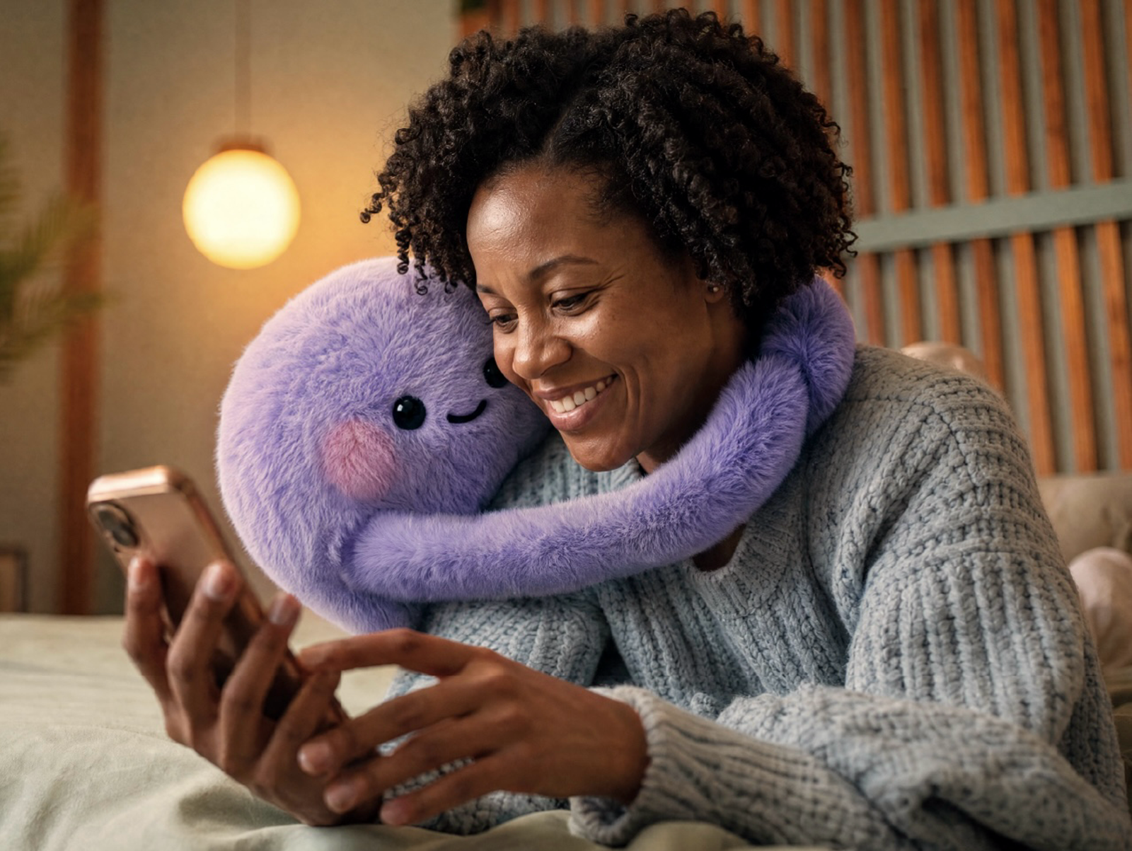 Femme souriante avec un smartphone et une mascotte en peluche