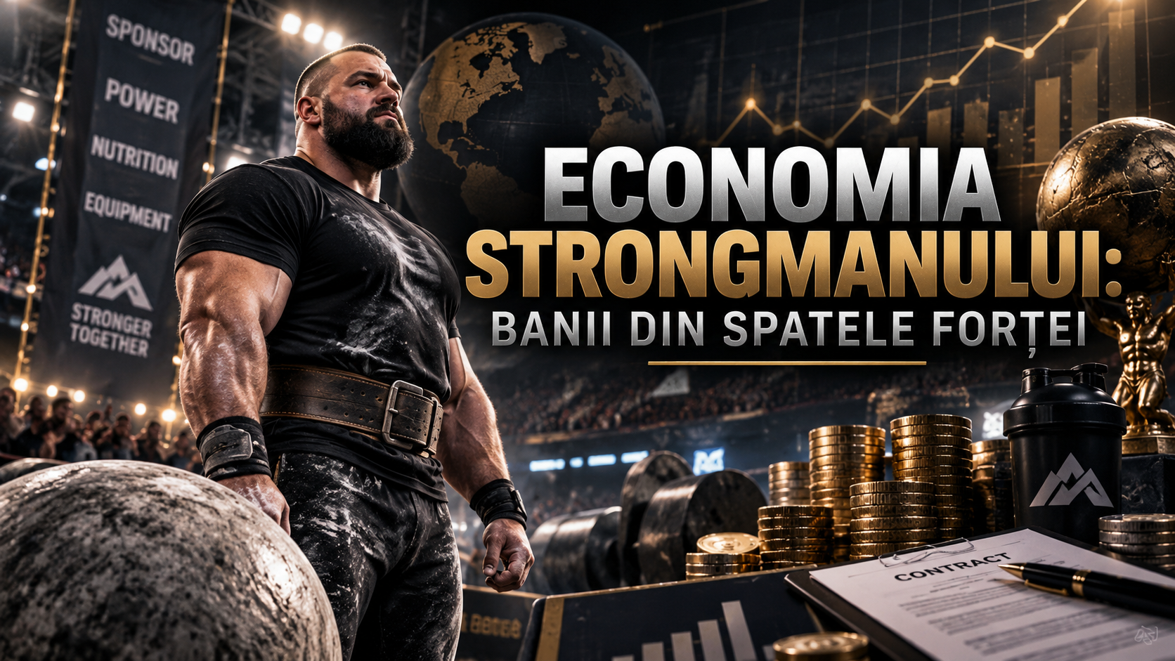 Atlet strongman într-o arenă, cu grafice financiare, monede și contracte; economia strongmanului.