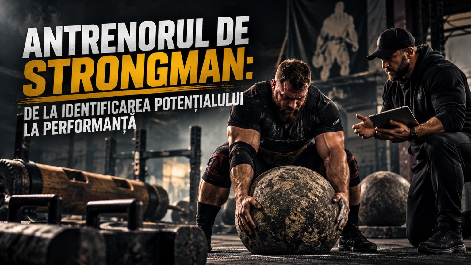 Antrenor de strongman supraveghează ridicarea unei pietre Atlas în sala de forță