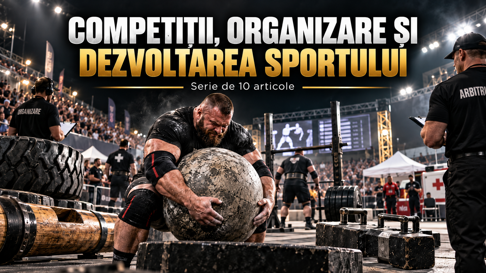 Arena competiției de strongman cu sportivi, arbitri, public și organizatori, coperta seriei Dincolo de arenă