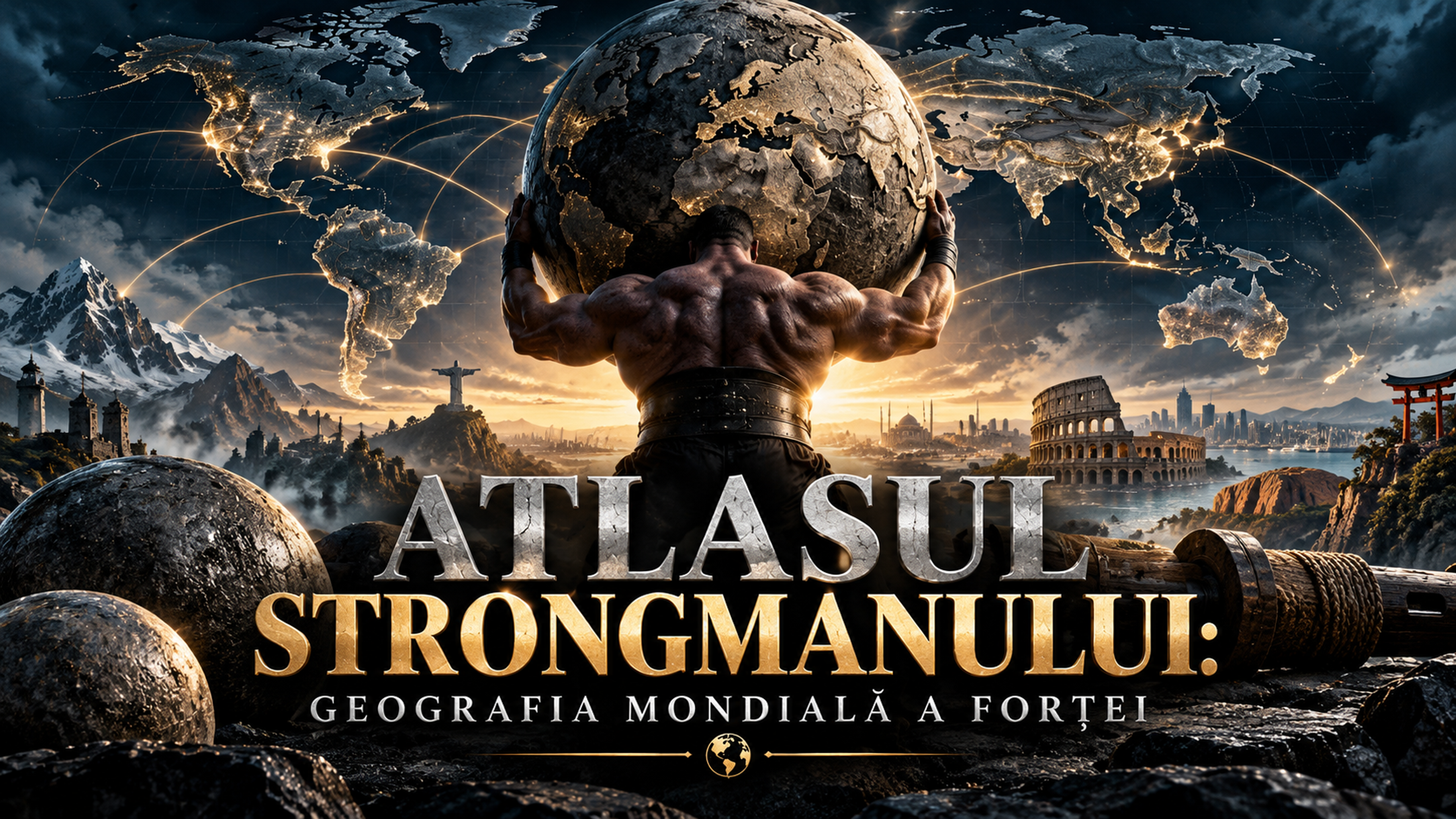 Atlasul Strongmanului: atlet puternic susținând un glob terestru pe fundalul unei hărți mondiale